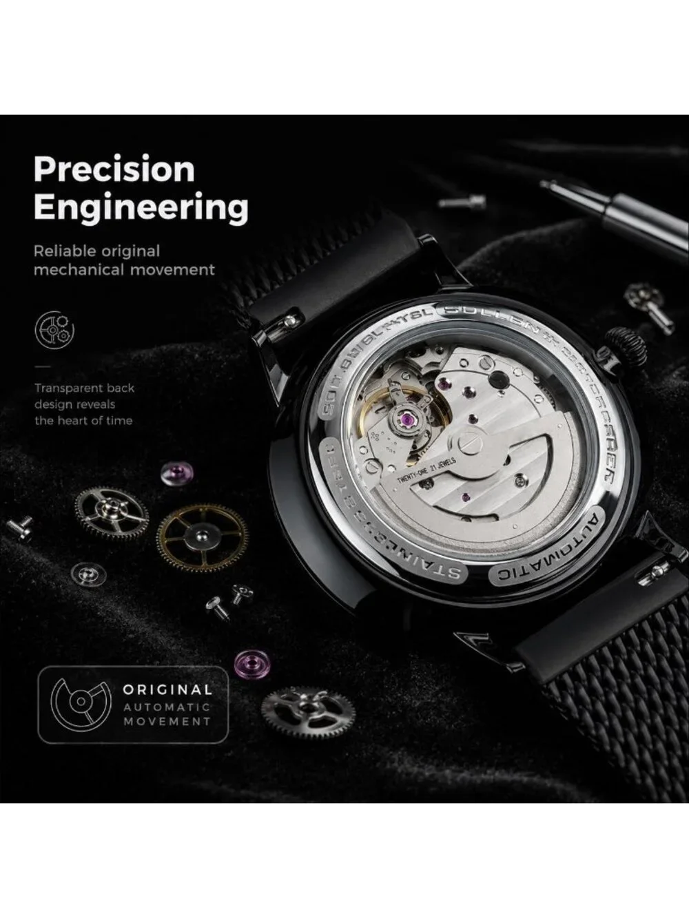 Men's Black Automatic Mechanical Minimalist Dial Stainless Steel Luxury Watch